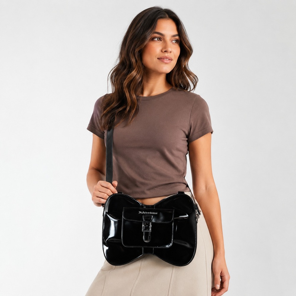 DR. MARTENS Women's Goth Bow Vegan Patent Crossbody Backpack Black Bag AD083001